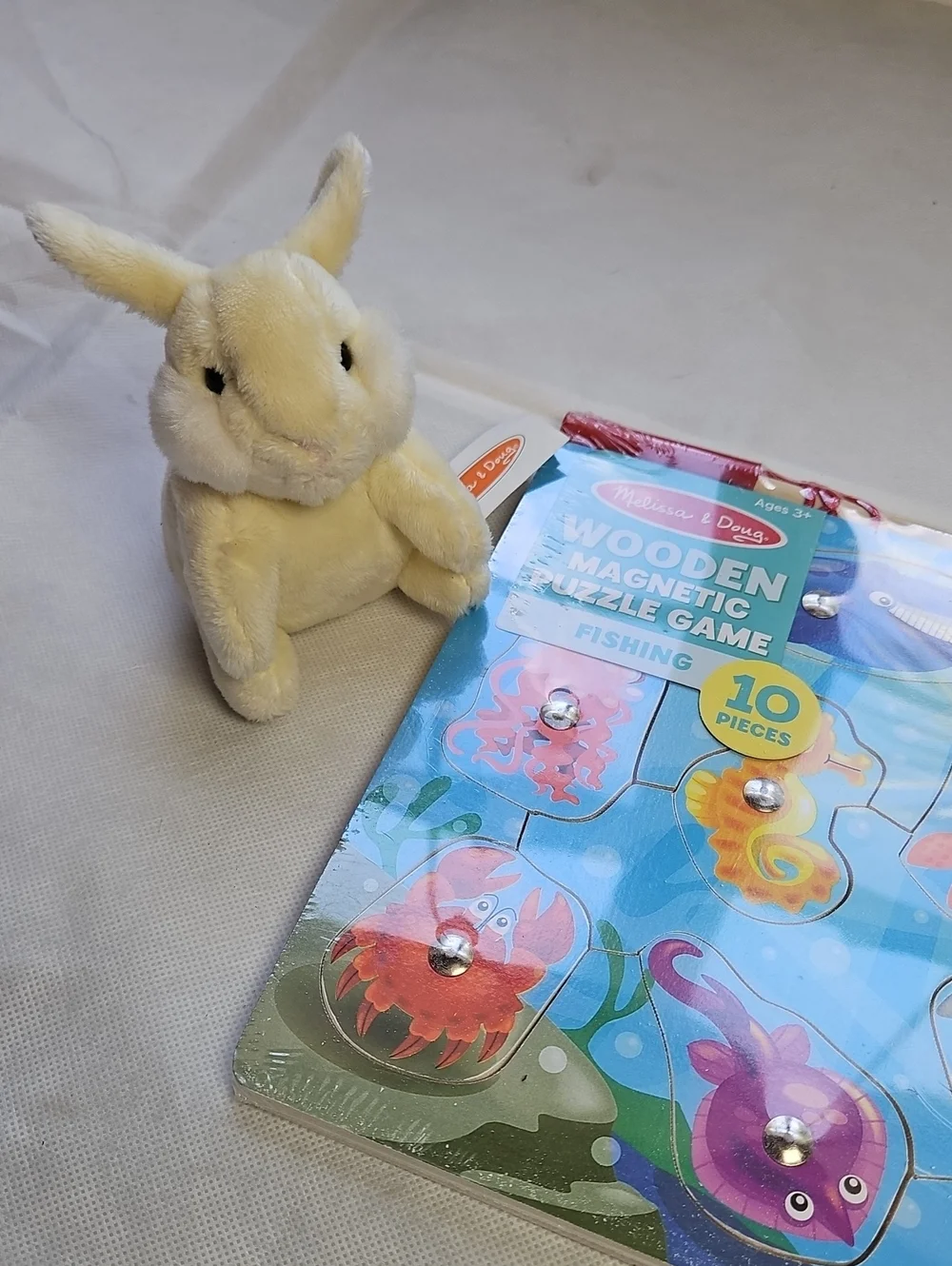Melissa & Doug Wooden Magnetic Puzzle Fishing Game New & Small Plush Bunny Hops